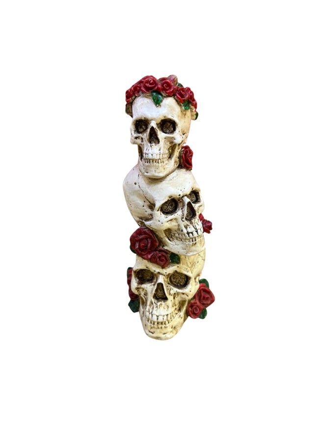 Stacked Skull Decorative Figurine with Rose Details – Resin Home Décor Statue - Image 1